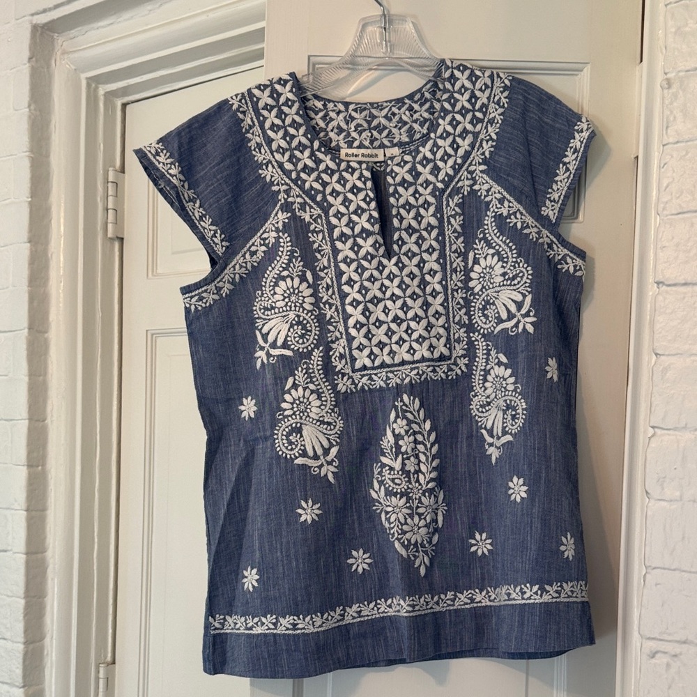 Roller Rabbit Navy and White Embroidered Blouse